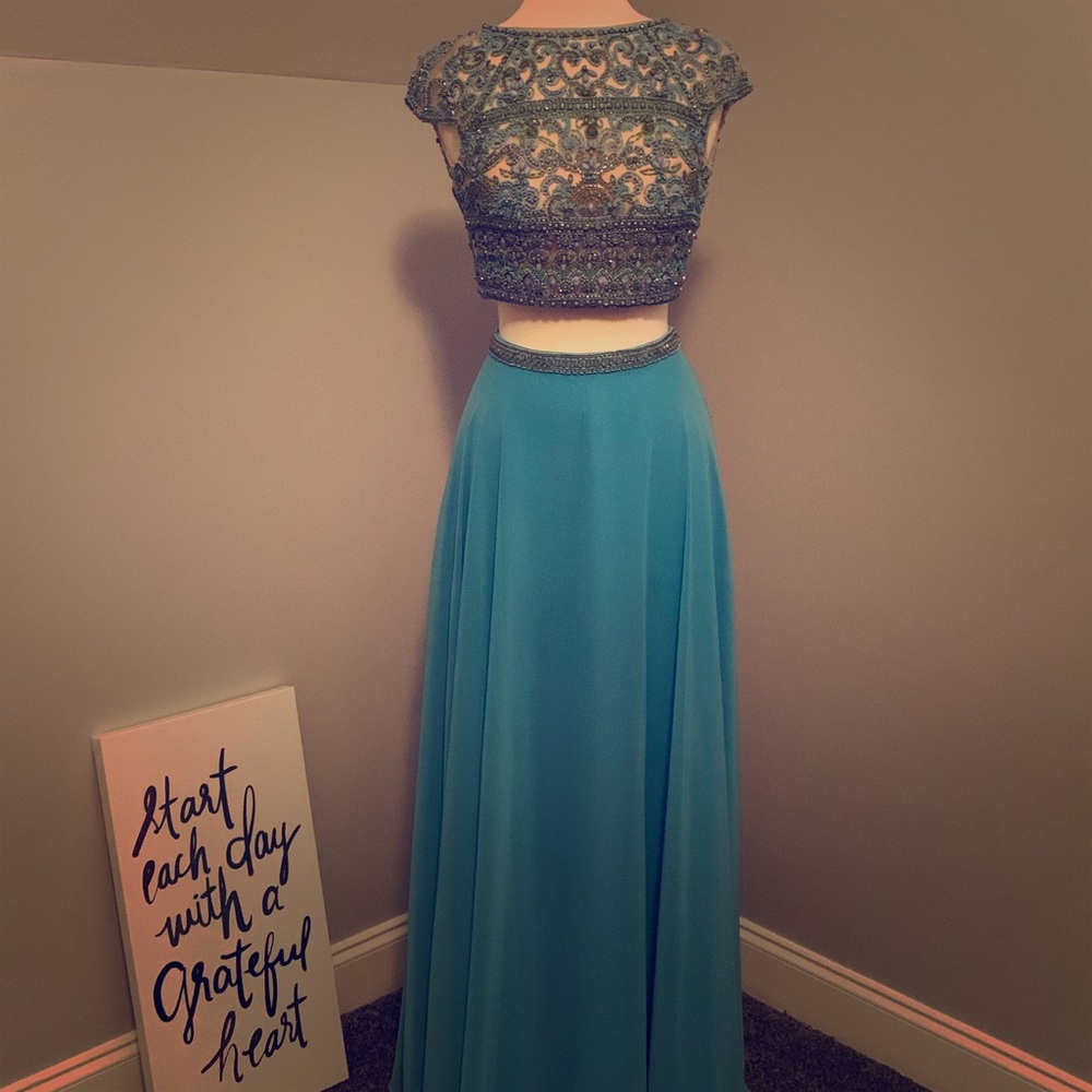 2 Piece Beaded Cap Sleeve Gown